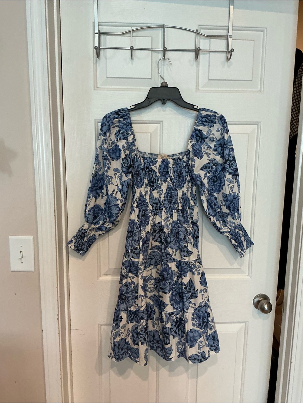 Blue Floral Smocked Mini Dress with Puff Sleeves